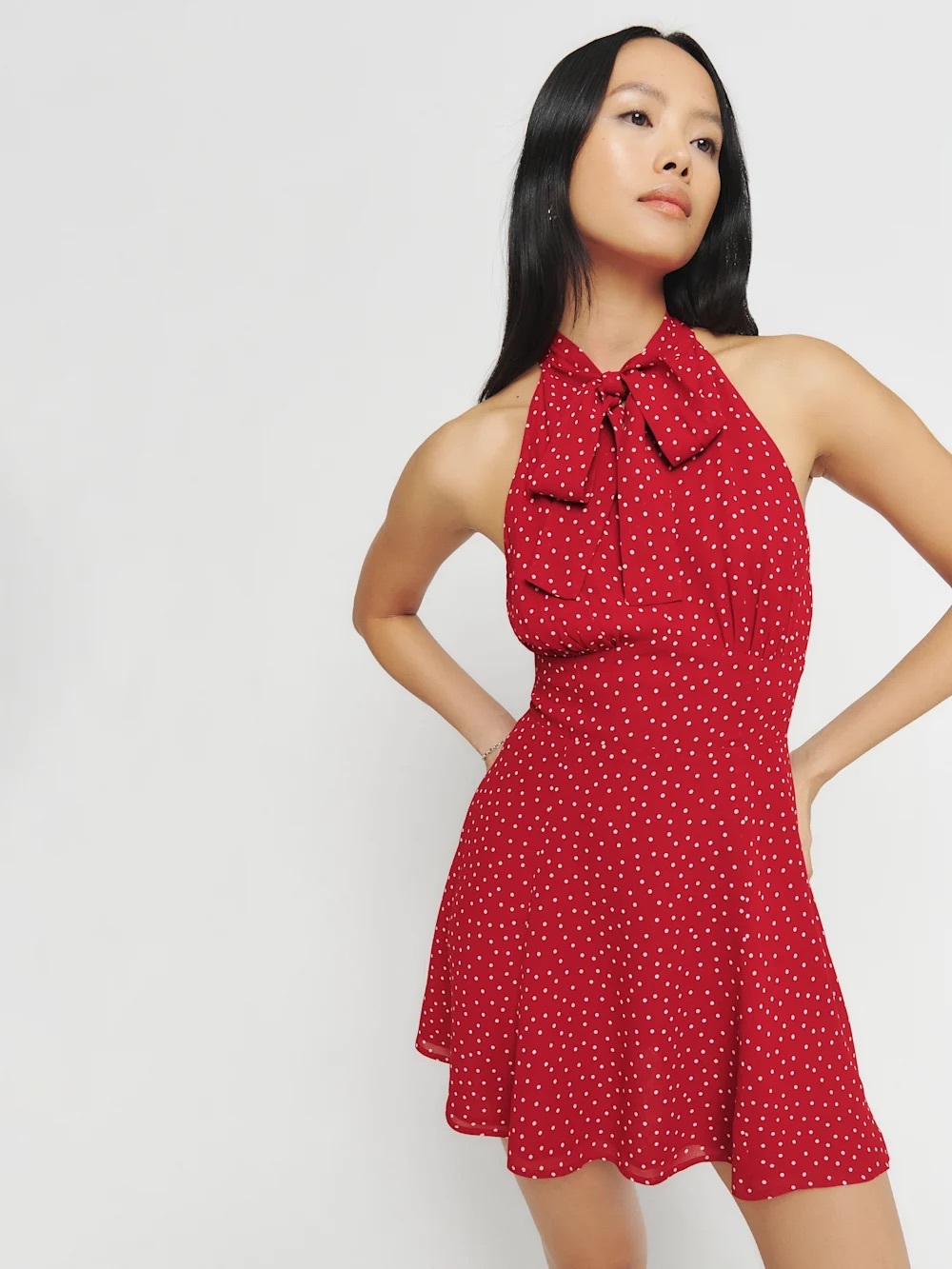 REFORMATION Aylani Tie Neck Mini Dress in Dotty Red Size Sz 6